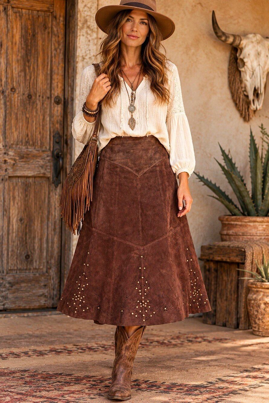 Coldwater Creek Brown Suede Leather Studded A-Line Midi Skirt Lined Size M boho
